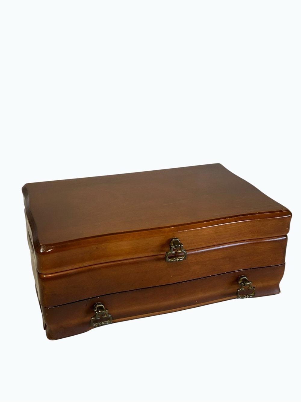 Vintage Jasco Wood Brass Knob Jewelry Box Chest Brown Velvet Organizer 1981